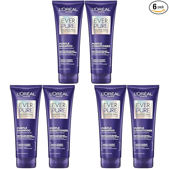 L’Oreal Paris EverPure Sulfate Free Brass Toning Purple Shampoo and Conditioner for Blonde,Bleached,Silver,or Brown Highlighted Hair,(Pack of 6)