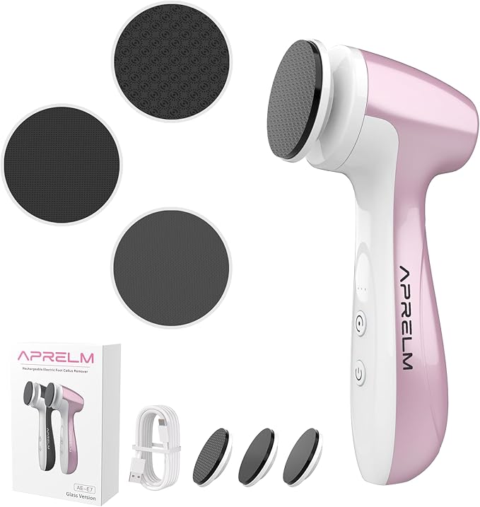 APRELM Rechargeable Electric Foot Callus Remover with 3 Glass Grinding Heads, Professional 1000RPM 3-Speed Control Electric Foot File (E7 Pink Glass Version)