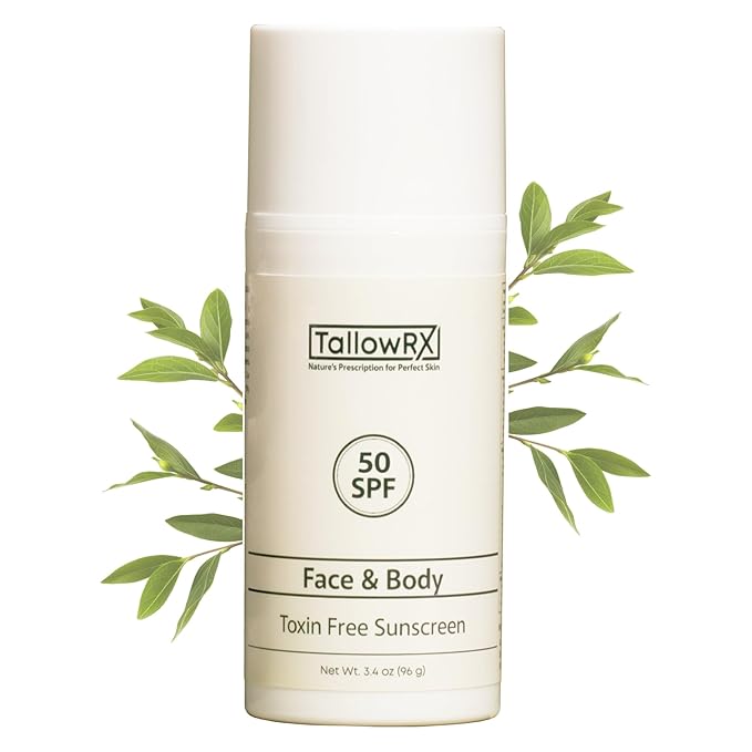 Tallow Sunscreen SPF 50 with Non Nano Zinc Oxide – Natural Mineral Sun Protection with Red Raspberry, Coconut Oil & Vit E – Reef Safe, Non Toxic & Moisturizing Sunblock for Face & Body – 3.4 oz