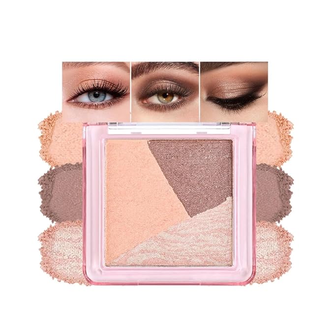 Neutral Pink Brown Shimmer Baked Eyeshadow Palette, 3 Color High Pigment Blendable Smooth Eye Shadow Makeup for Older Women, Travel Mini Palette Suitable for All Eye Shapes Vegan & Cruelty-Free 01#
