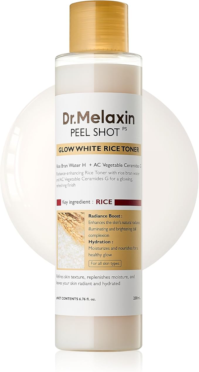 Dr.Melaxin Peel Shot Glow Rice Toner with Rice Extract & Ceramides, Hydrating & Skin Refining Face Toner for Glass Skin, Liposome Oil for Deep Moisture & Barrier Care, Korean Skincare, 6.76 fl.oz