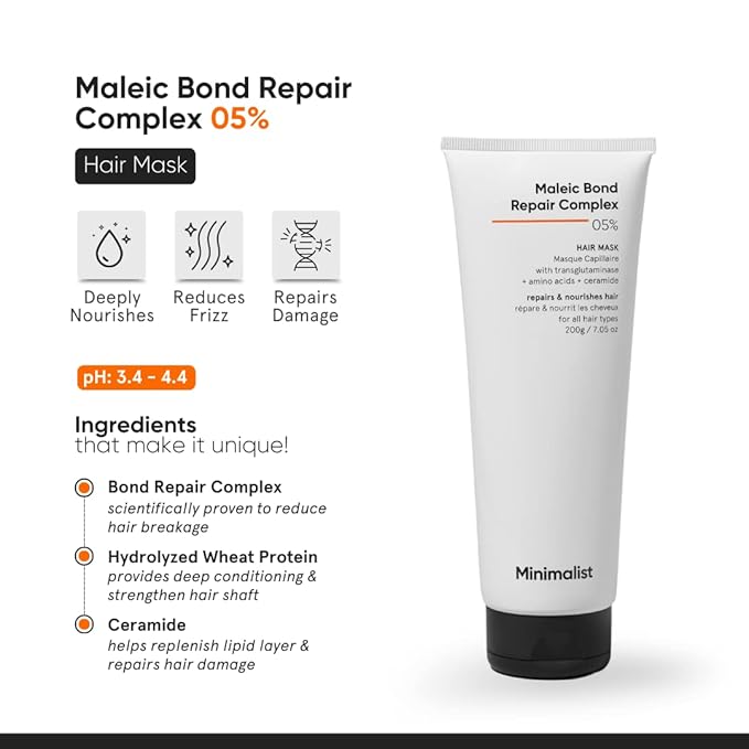 Minimalist Hair Mask for Damaged Hair, Frizzy Hair, Split Ends & Breakage Control | Maleic Bond Repair Complex 5% | Transglutaminase, Amino Acids & Ceramides | For Women & Men | 7.05 Oz/200 gm