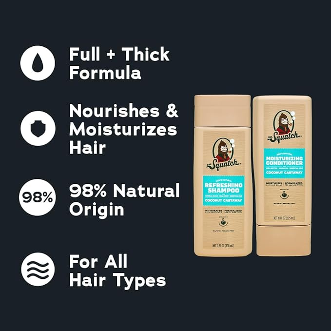 Dr. Squatch Full + Thick Men's Shampoo and Conditioner Set - For Fuller, Thicker-Looking Hair - Natural Shampoo and Conditioner for Men - Coconut Castaway (11 fl oz, 2-Pack)