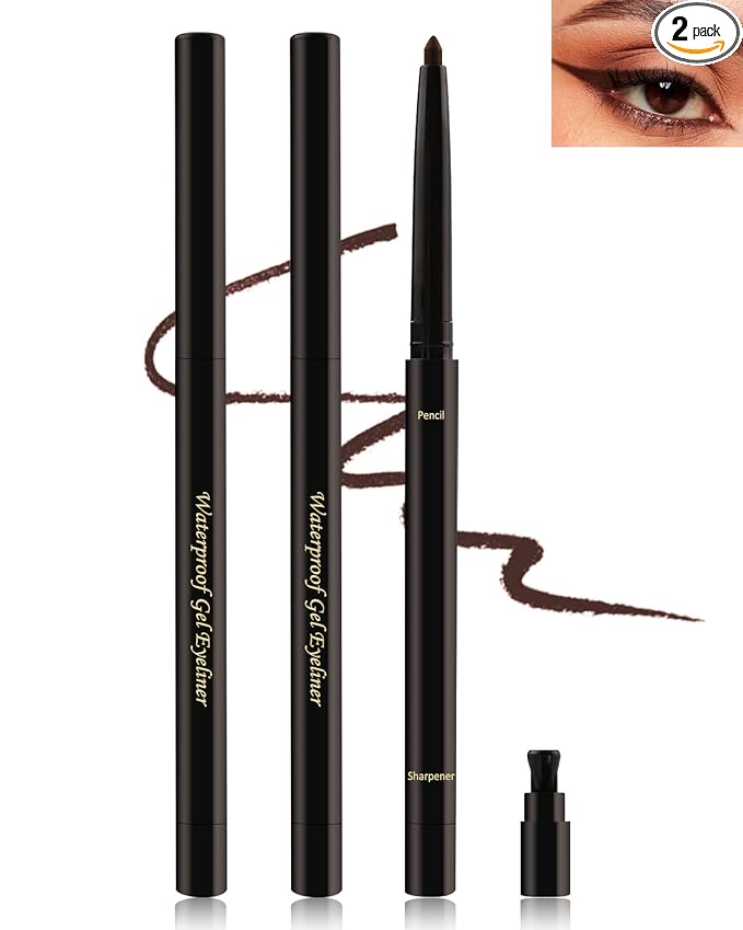 Brown Gel Eyeliner for Older Women, Waterproof Smudge-Proof Retractable Eyeliner Pencil, Long Lasting 24H, Matte Cream Eye Liner Waterline with Sharpener, Eye Liner for Women Sensitive Eyes-2Pcs
