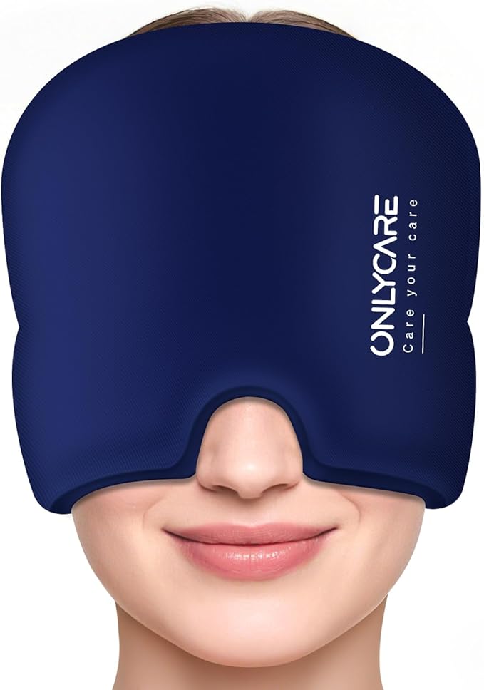 ONLYCARE Migraine Relief Cap, Upgraded Odorless Headache Relief Cap Mask Products, 360° Gel Surround Cooling Ice Pack Mask Head Wrap for Tension, Migraine, Sinus, Stress, Headaches, Hangover, Blue
