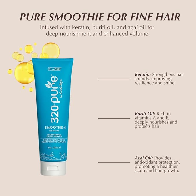 320Pure Smoothie Leave In Conditioner For Fine Hair 8oz, Sulfate Free, Color Safe & Lightweight Formula, Deep Repair Moisturizing Detangler for Fine, Frizzy, Curly, Thick, Wavy, Dry & Damaged Hair