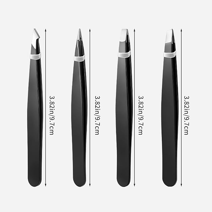 MSQ Tweezers Set with Travel Bag, 4Pcs Professional Stainless Steel Tweezers for Eyebrows，Great Precision for Women & Men Facial Hair, Ingrown Hair Removal