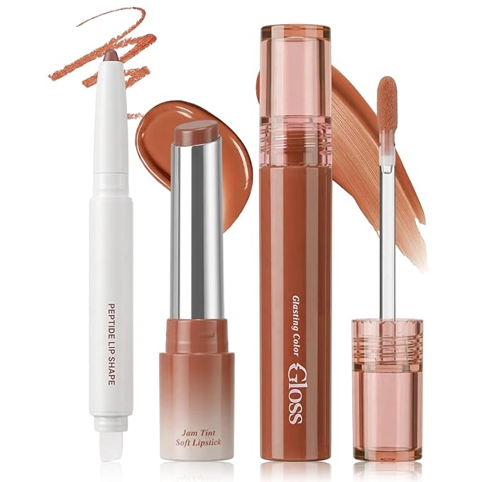 Erinde 3PCS Lip Combo Set, Nude Lip Kits with Lip Liner, Hydrating Balm Lipstick & Plumping Glossy Gloss, Long-Lasting, Lightweight, Non-Sticky, Juicy Lip Contour Trio Set for Women, 02 Caramel Brown