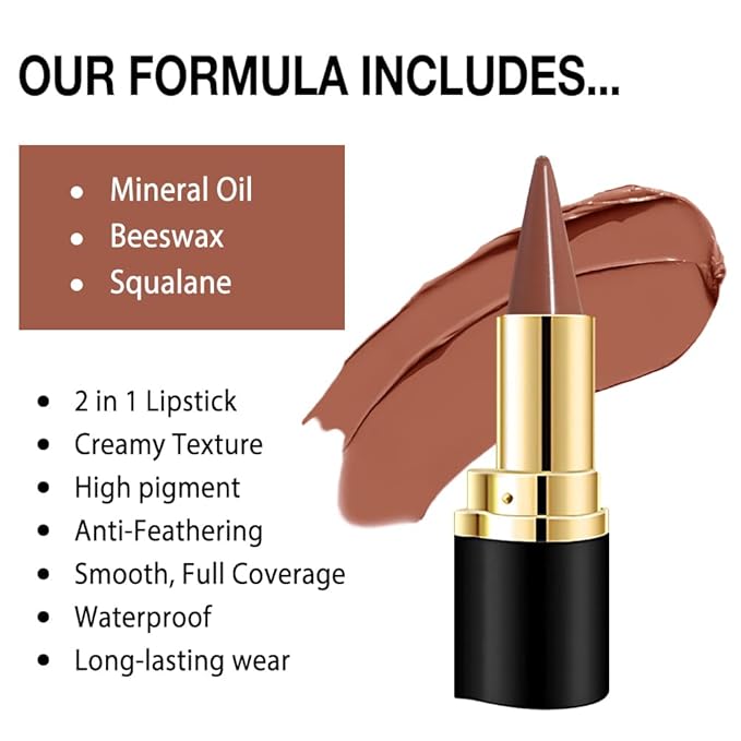 evpct Brown Gradient Matte Lipstick Lip Liner Crayon Combo Pencil Set for Women Long Lasting Waterproof, Nude Brown Matte Cream Lip Liner and Lipstick Combo Makeup, Flawless Gradual Ombre Effect