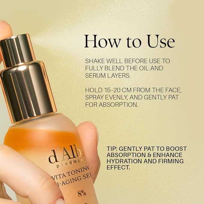 d'alba Piedmont Vita Toning Anti-Aging 8% Spray Serum (70 ml / 2.37 fl oz), Dual-Layer Oil & Serum Mist, Hydrating & Firming Face Spray with White Truffle, Radiance Care, Korean Skin Care