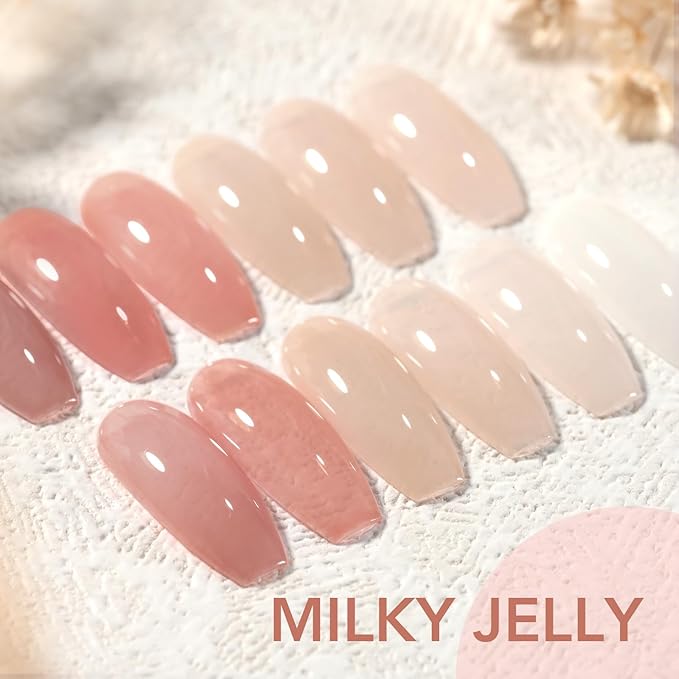 GAOY Milky Jelly Nude Gel Nail Polish Set, 6 Transparent Colors Sheer White Pink Soak Off UV Light Cure Gel Polish Kit for Salon and Nail Art DIY at Home