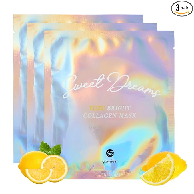 glowiest Sweet Dreams Yuzu Bright Collagen Mask Set of 3, Hydrating Face Collagen Jelly Mask, 78% Collagen, Niacinamide, Vitamin C, Peptides, Korean Skincare