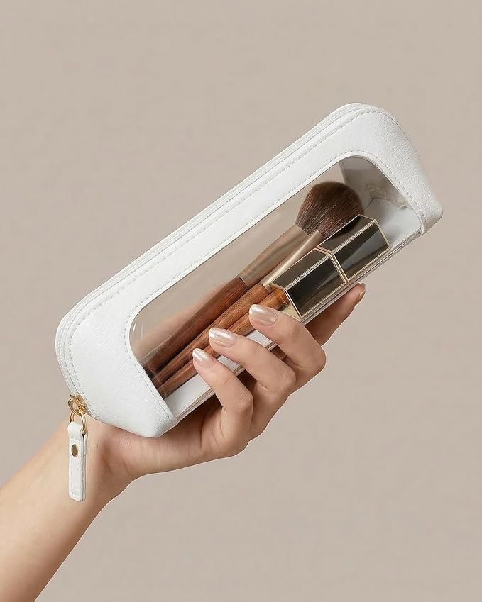 LETGO Clear Makeup Brush Bag Pouch, Waterproof PU Leather Portable Makeup Bag Holder with Transparent Window, Travel Lipstick Case Pouch Car Organizer and Storage (Slim, Beige)