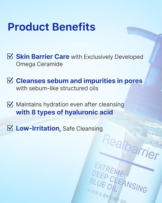 Real Barrier | Extreme Deep Cleansing Blue Oil | Low-Irritation Pore Cleansing Facial Oil | Removes Makeup, Sebum & Blackheads | Hydrating & Gentle on Skin | Face Oil Moisturizer | 6.76 fl oz (200ml)