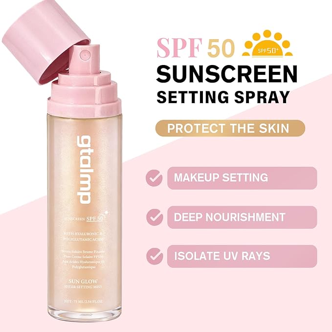 Sheer Setting Mist Sunscreen SPF 50, Glitter Body & Face Sunscreen Spray, Weightless, Fast Drying Setting Spray for a Hydrated, Dewy Finish, Beach, Festival, Summer Vacation (2 Pack)