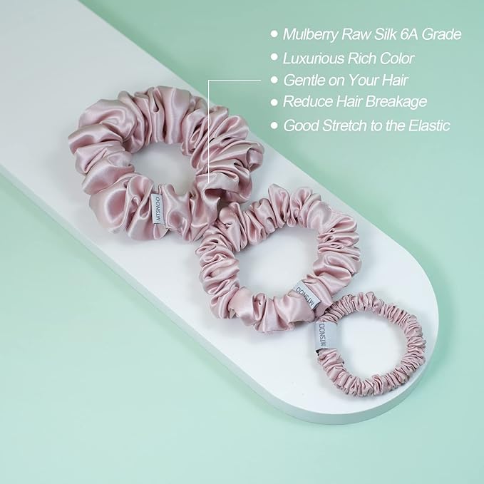 MTSNOO Mulberry Silk Scrunchies for Curly Hair - 100% Pure 22 Momme Silk, Elastic Band, 3 Pack Hair Ties Ropes for Women and Girls