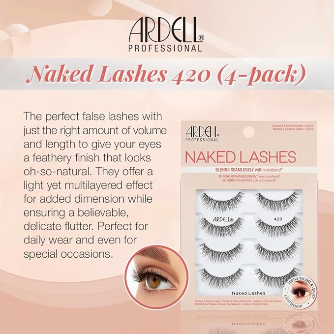 Ardell Naked Lashes 420 – Lightweight Natural Strip Lashes with Invisiband, Reusable False Eyelashes, Multipack, 4 Pair, 1 Pack