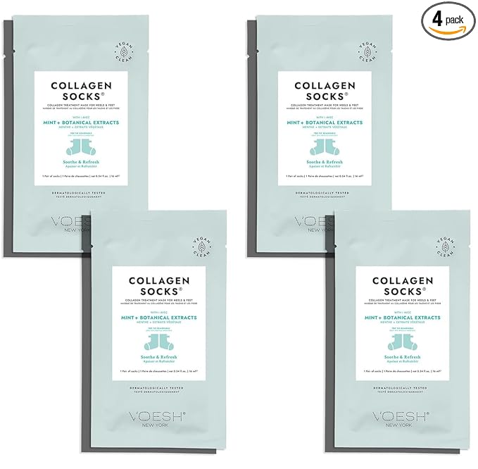 VOESH Collagen Socks, Collagen Socks for Dry Feet, 4 Pack, Peppermint Oil, Cracked Heel Repair, Moisturizing Socks, Spa Pedicure Treatment, Spa Socks, Foot Peel Masks, Vegan