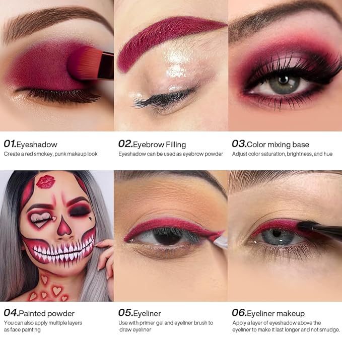 Crimson Red Matte Eyeshadow Single with Applicator – Intense, Blendable, and Rich Texture for Dramatic Wine Red Smoky Halloween Eye Look – High-Pigment, Long-Lasting, Waterproof Formula - 06