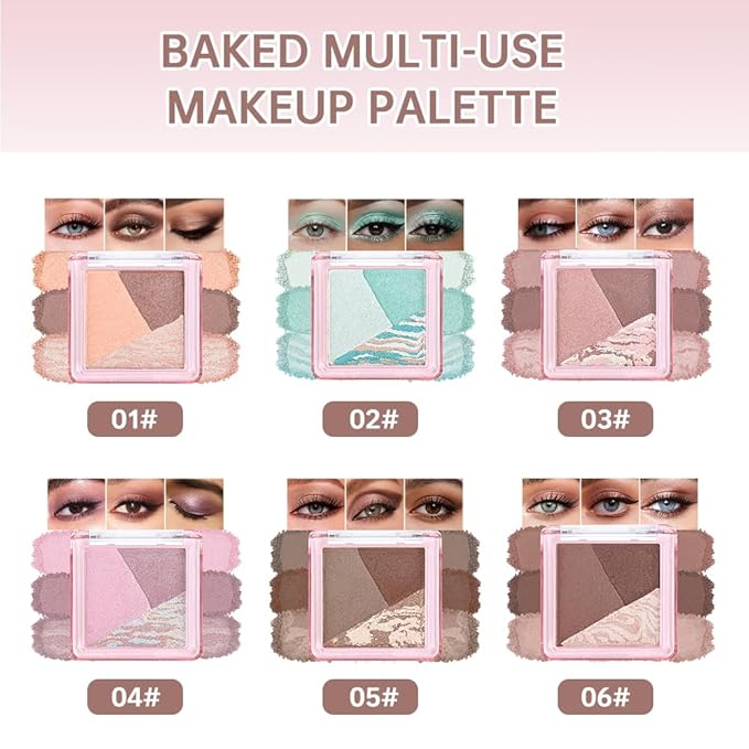 Neutral Pink Brown Shimmer Baked Eyeshadow Palette, 3 Color High Pigment Blendable Smooth Eye Shadow Makeup for Older Women, Travel Mini Palette Suitable for All Eye Shapes Vegan & Cruelty-Free 01#