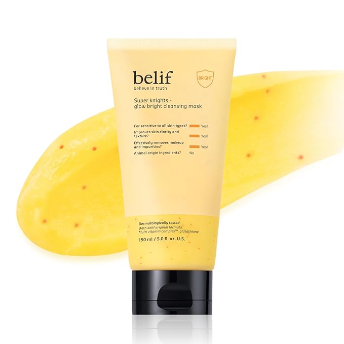 belif Super Knights Glow Radiance Cleansing Mask, Korean Skincare with Multi-Vitamin Complex & Glutathione – Radiance & Even Skin Tone (150 ml / 5.0 fl. oz.)
