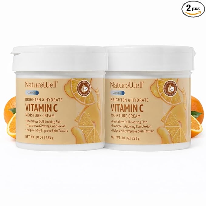 NATURE WELL Vitamin C Brightening Moisturizer Cream, Face & Body Lotion with Coconut Oil, Helps Improve Uneven Skin Tone & Dark Spots, Anti-Aging Lotion for Smooth Radiant Skin, 2 Pack (10 Oz Each)