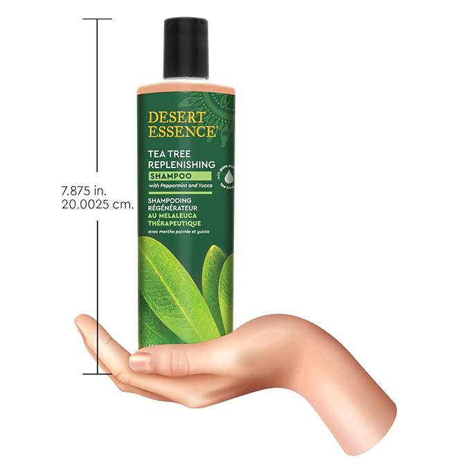 Desert Essence Tea Tree Oil Replenishing Shampoo, 12.7 fl oz, Gluten Free, Vegetarian, Non-GMO, Paraben Free - Moisture Replenishing Shampoo with Peppermint & Eucalyptus Oils to Deeply Cleanse Hair