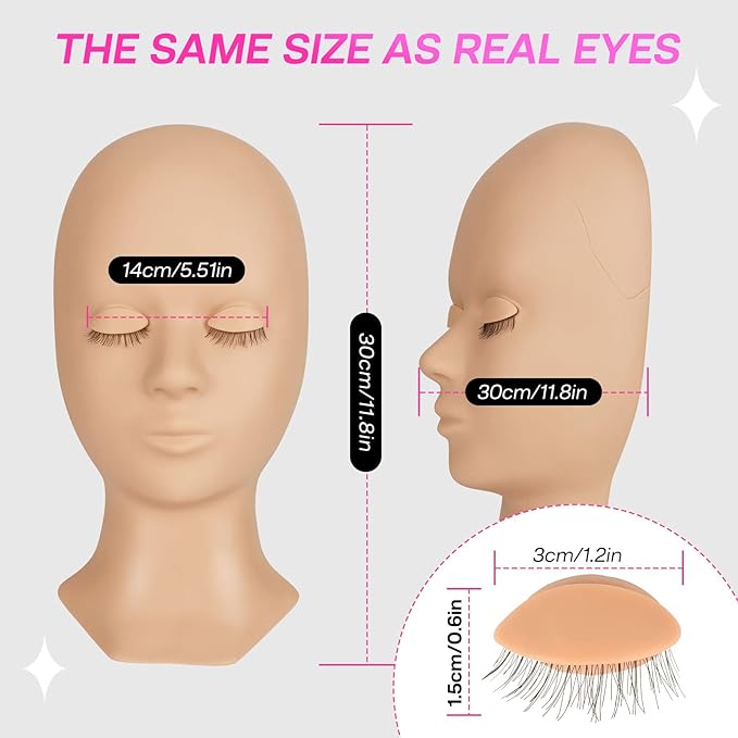Lash Mannequin Head, CALAILIS Mannequin Head, Eyelash Extension Mannequin Head, Doll Head for Lash Extensions, Eyelash Mannequin Head with 4 Pairs Removable Eyelids (Skin Colour)