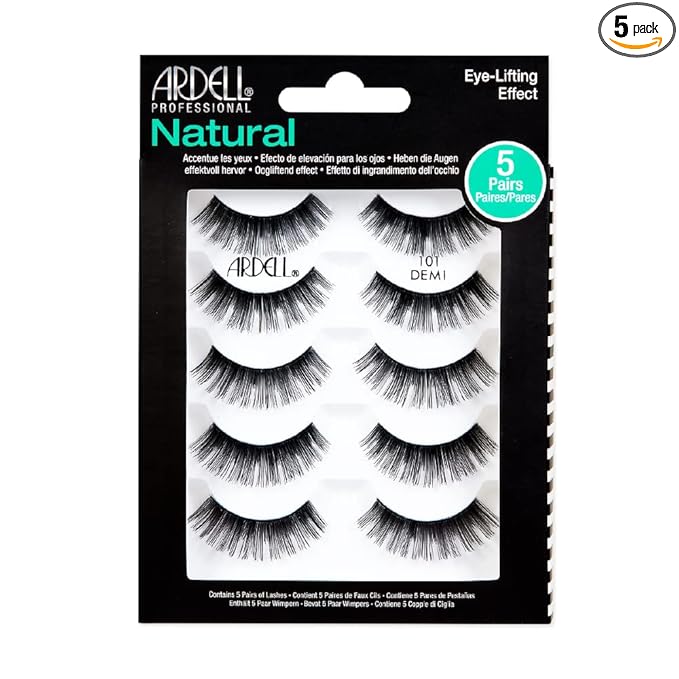 Ardell Natural False Eyelashes 101 Demi Black - Soft & Lightweight, Eye-Lifting Effect, Reusable Strip Lashes for Everyday Wear, 6 Pairs