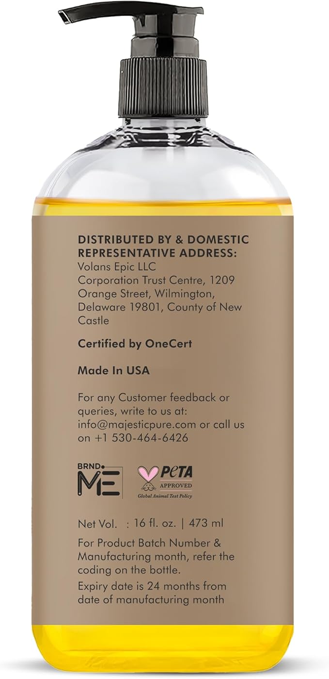 Majestic Pure Oil - 100% Pure and Natural- Cold Pressed & Hexane Free Natural Hair Growth Oil for Eyelashes, Eyebrows, Skin, Body, Face, Nails & Scalp - Organic Castor Oil 16 Fl Oz