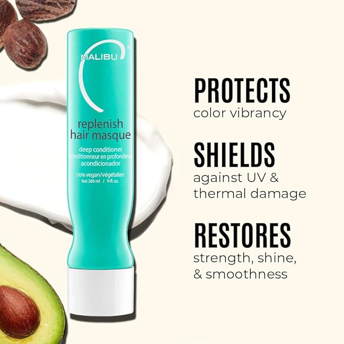 Malibu C Replenish Hair Masque - Travel Size Ultra Hydrating Deep Conditioner for Hair Repair - Reparative Formula with Avocado Oil for All Hair Types, 3.4oz