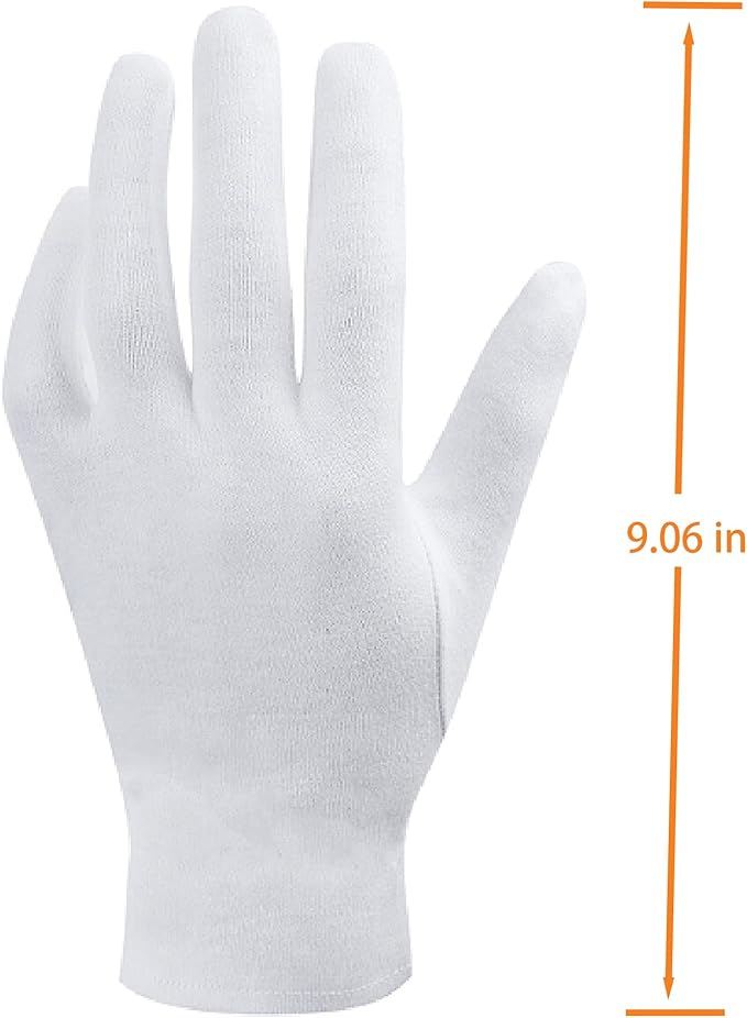 100% White Cotton Gloves for Dry Hands, Moisturizing & Eczema Overnight, Work Gloves Liners, Ideal for Sleep & Spa Treatment, Coin Jewelry Silver Inspection, Medium, One Size, 3 Pairs
