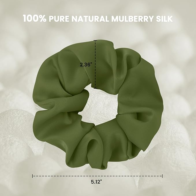 6PCS 100% Mulberry Silk Scrunchies Set, 2 Large and 4 Thin Silk Hair Ties for Women, No Damage Hair Accessories (Black, Olive Green, L)
