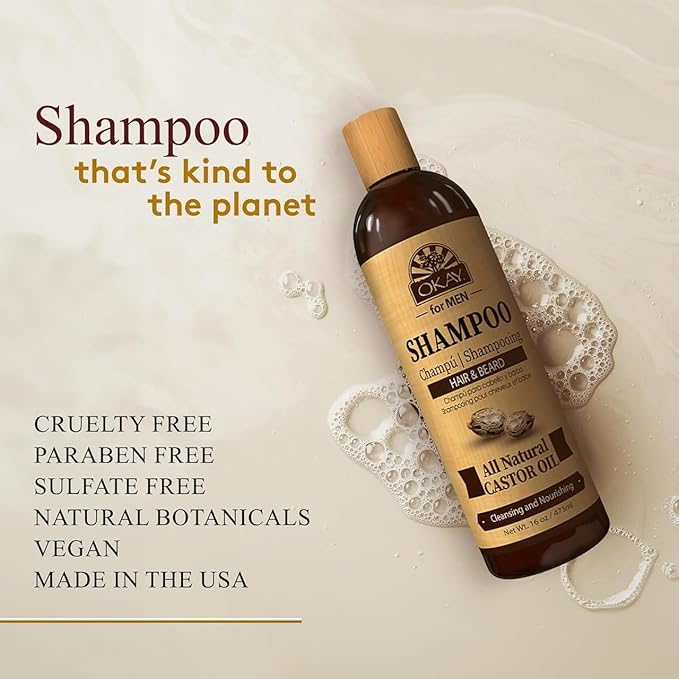 OKAY for MEN Castor Oil Hair & Beard Shampoo - Hydrating Shampoo for Healthy Hair & Beard Growth, Moisturizing Care, Strengthen & Restore Damage, Natural, Sulfate-Free - 16 Oz