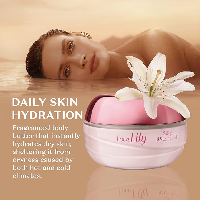 O BOTICARIO Love Lily Satin Hydrating Body Cream, 24 Hour Fragranced Body Butter for Dry Skin, 8.8 Ounce