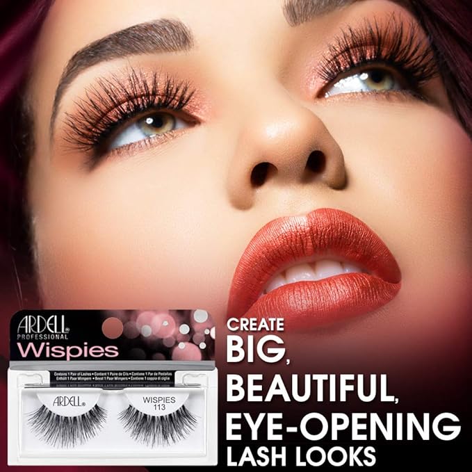 Ardell False Eyelashes Wispies 113 - Black, Natural Look Soft Band, Lightweight, Flared Strip Lashes for Glamour & Everyday Use, 4 Pairs