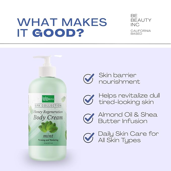 BeBeauty Mint Honey Regeneration Body Cream Hydrating & Nourishing Body Lotion for Smooth, Soft, Revitalized Skin 16 oz