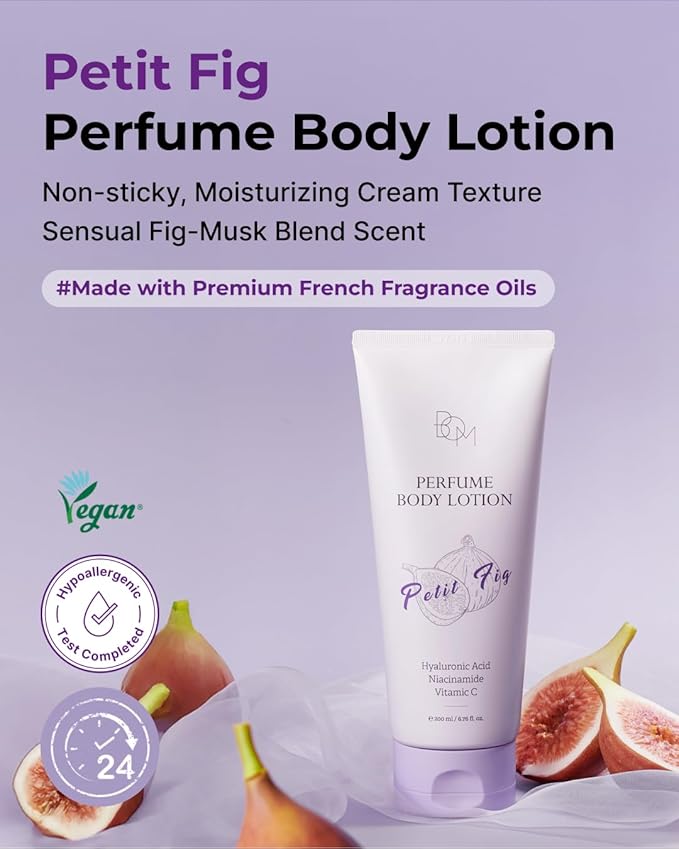 BOM Petit Fig Perfume Body Lotion 6.76 Fl Oz, Fig Scented Body Cream with Hyaluronic Acid, Niacinamide & Vitamin C, Long-Lasting Moisture & Fragrance, Non-Sticky Texture for Smooth, Korean Skincare