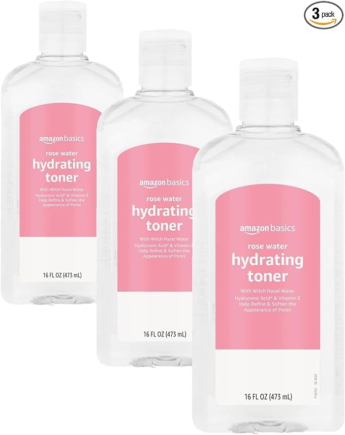 Amazon Basics Rose Water Hydrating Facial Toner, Alcohol Free, 16 fl oz (Pack of 3)