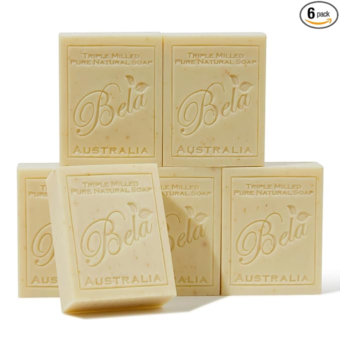 BELA Almond Soap 3.3 oz Pack of 6, French Triple Milled with Organic Shea Butter, Hand Face and Body Wash Bar Made in Australia