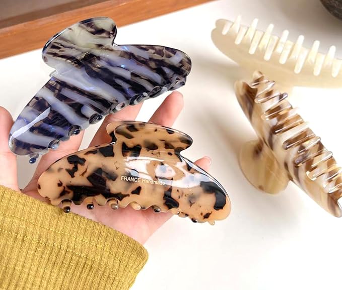 Wenlly large tortoise shell claw clip, 4.1 Inch cellulose acetate hair claw clips, marble non-slip strong hair hold barrettes for women and girls, black blue