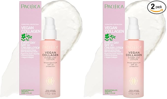 Pacifica Beauty Vegan Collagen SPF 30 Broad Spectrum Sunscreen Every Day Face Lotion,UVA/UVB Protection for All Skin Types,Lightweight,Moisturizing & Hydrating,Cruelty Free,White,1.7 Fl Oz,(Pack of 2)