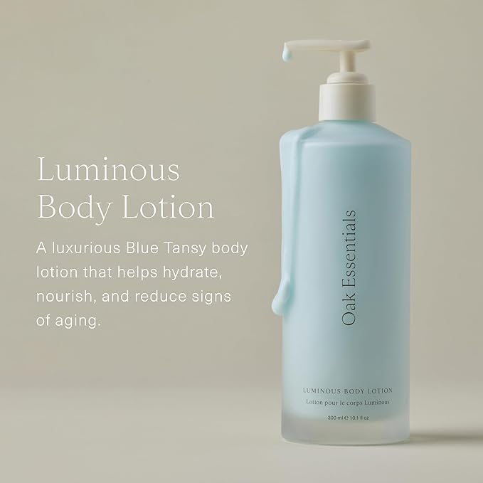 Oak Essentials Luminous Body Lotion, Travel Body Lotion for Women with Blue Tansy, Rose Oil, Shea Butter and Coconut Oil, Lightweight Moisturizer for Dry and Sensitive Skin, 1.33 Fl Oz