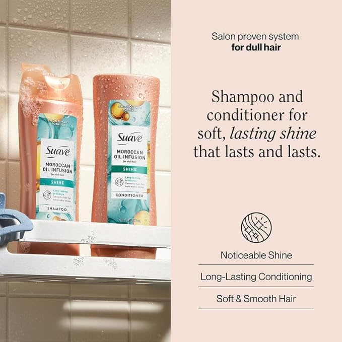Suave Moroccan Oil Infusion Shine Shampoo and Conditioner for Dull Hair – Salon-Proven System for Brilliant, Shiny Hair, Frizz Control, 12.6 Oz Ea