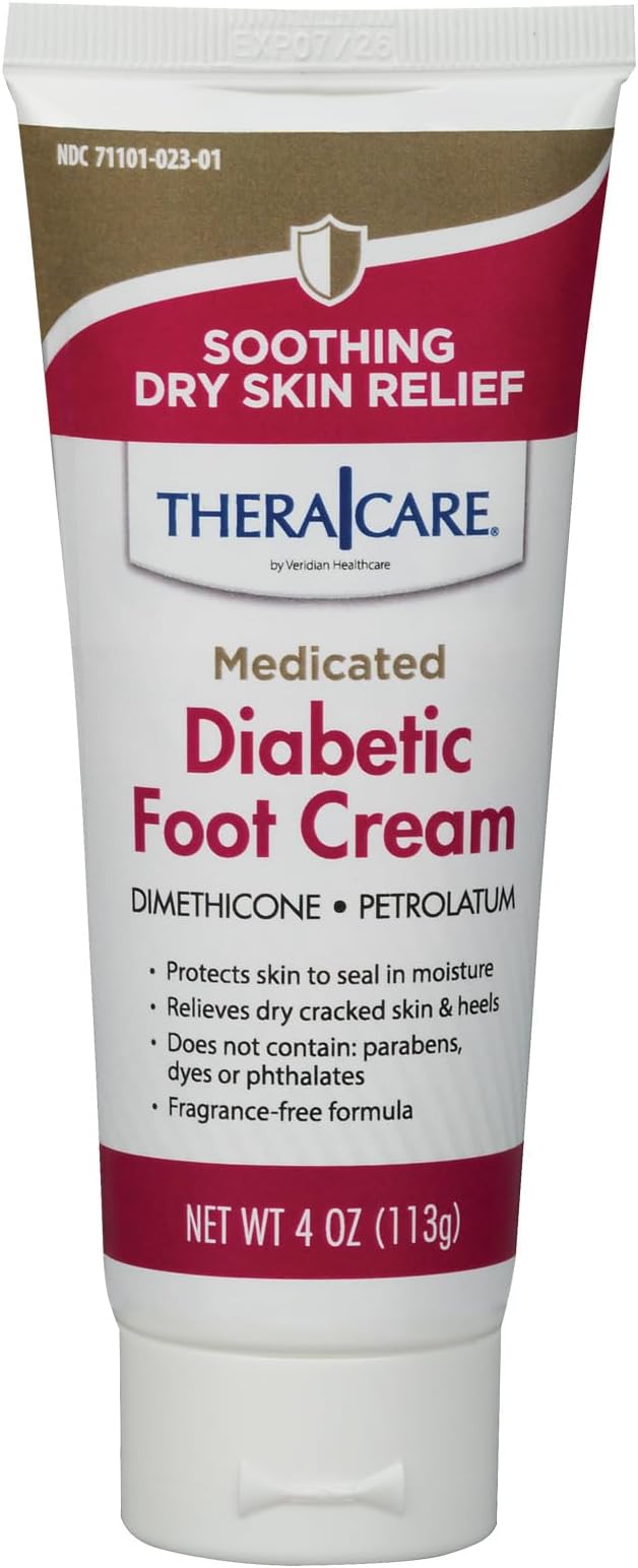 TheraCare Medicated Diabetic Foot Cream | Dimethicone + Petrolatum | Protects and Seals | Relieves Dry Heals | Paraben-Free | Odor-Free | 4.0 oz.