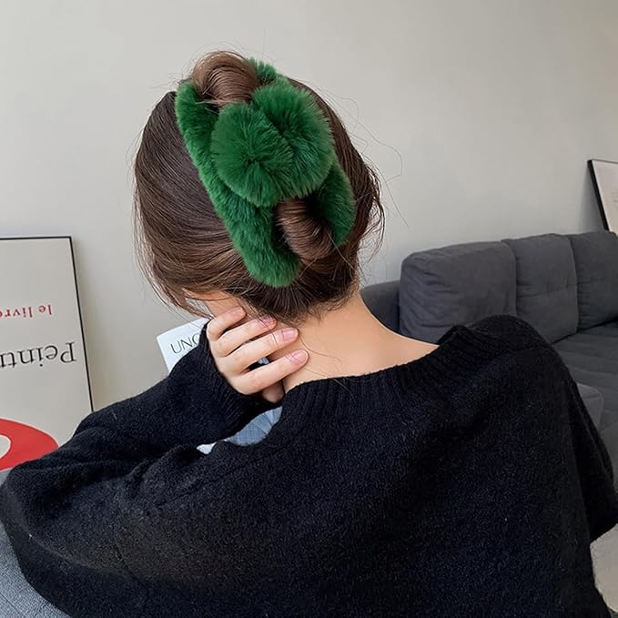 YOYLMAL Large Faux Fur Hair Claw Clip for Women, 5.1 Inches Winter Fluffy Fuzzy Hair Clips, Nonslip Strong Hold Furry Big Jaw Clamp for Thick Long Hair (Dark Green)
