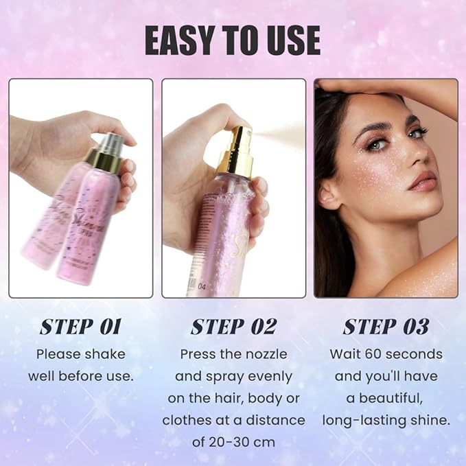 Glitter Spray for Hair and Body, Glitter Body Spray, Glitter Spray for Clothes, Quick-Drying Waterproofing Body Shimmer Suitable for Festival Rave 3.72fl Oz (Pink, 3.72 fl oz)