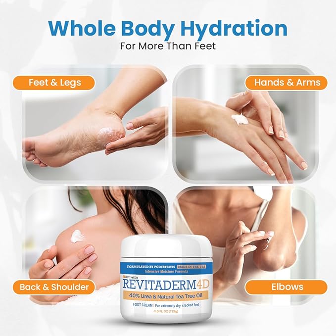 Revitaderm 4D 40% Urea Advanced Foot Cream for Cracked Heels & Dry Skin, Intensive Repair for Rough, Callused Feet, Fast Absorbing, Fragrance Free, Made in USA, 4 oz with Pumice & Brush, 3 Pack
