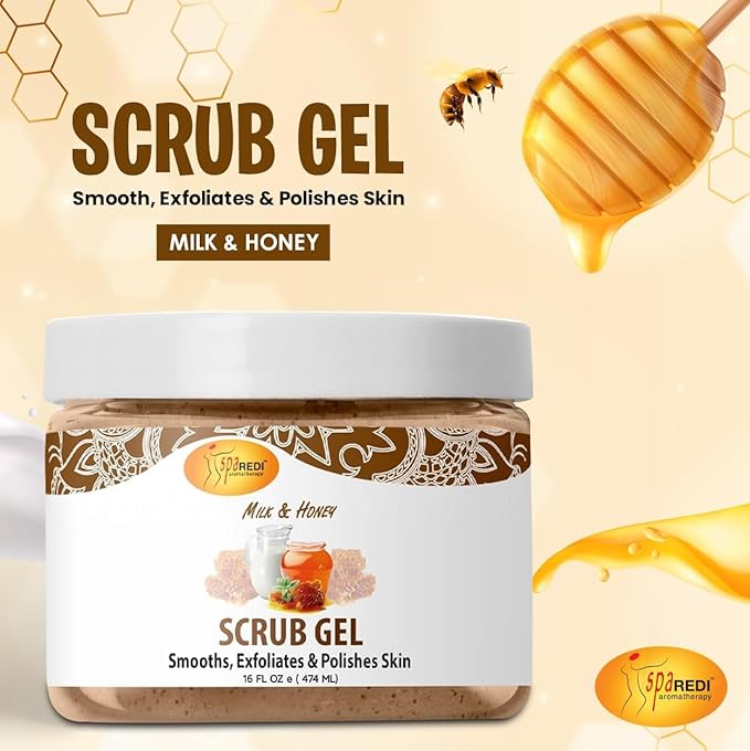 SPA REDI – Exfoliating Scrub Pumice Gel, Milk and Honey, 16 Oz - Manicure, Pedicure and Body Exfoliator Infused with Hyaluronic Acid, Amino Acids, Panthenol and Comfrey Extract