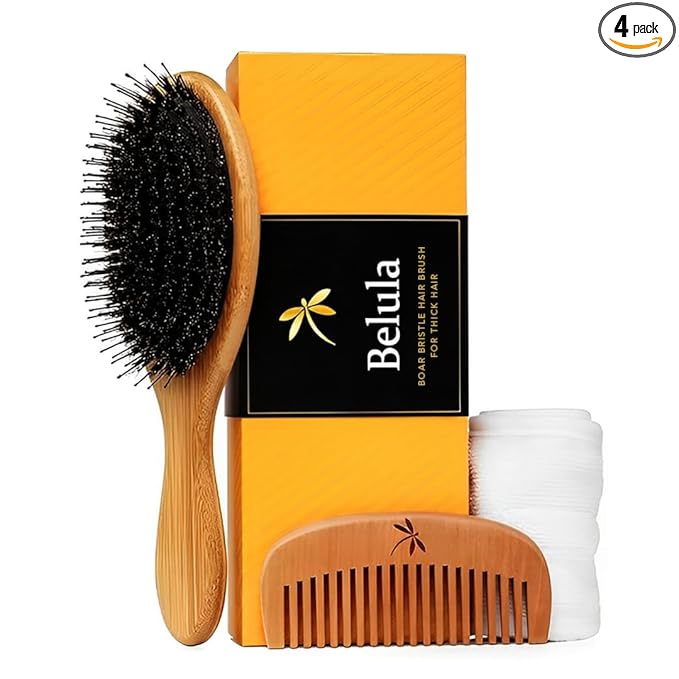 Premium Boar Bristle Hair Brush for Thick Hair Set. Hairbrush for Women With Thick, Long or Curly Hair. Restores Hair's Shine and Health. Comb, Travel Bag & Spa Headband Included